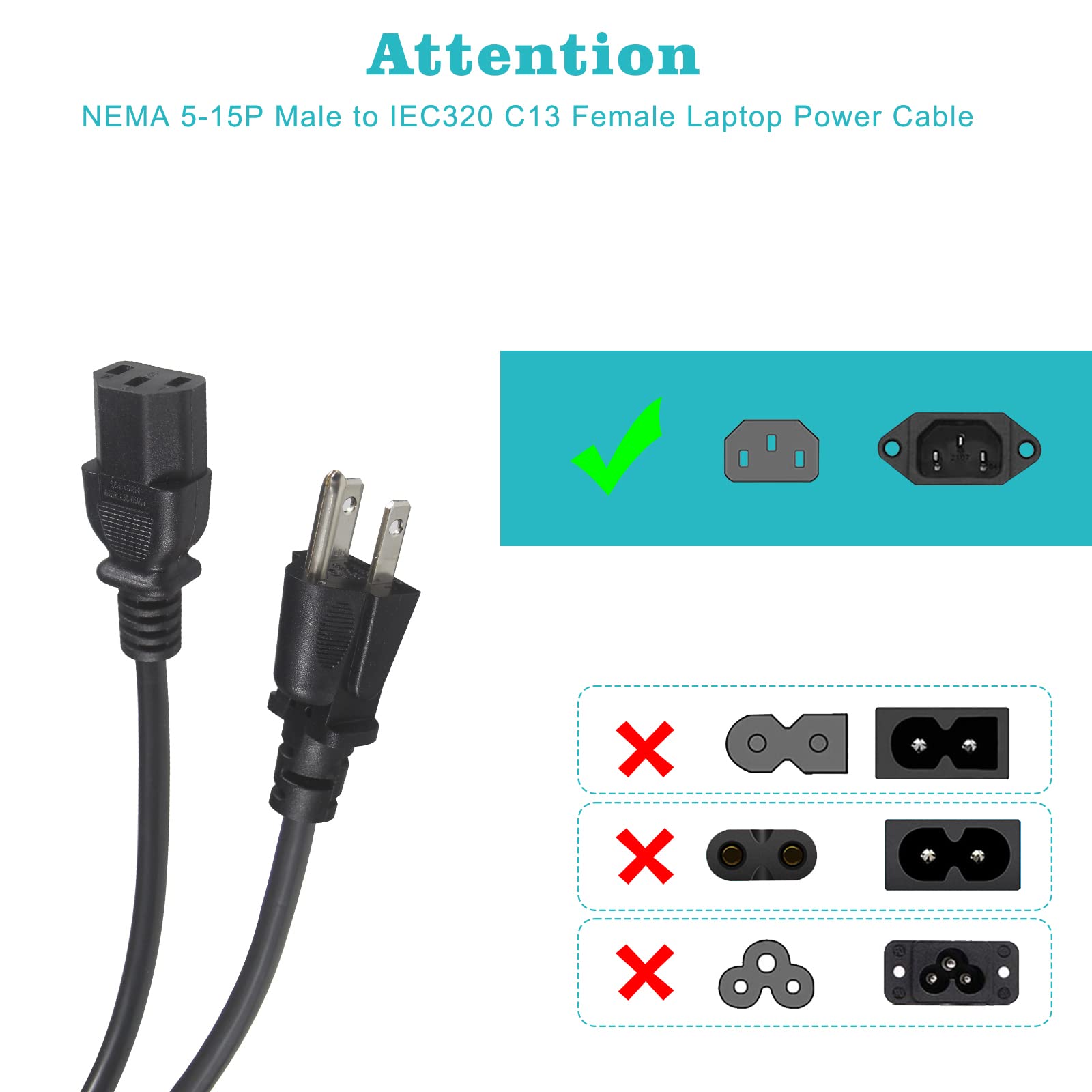 1FT Computer Monitor Power Cord, Universal Replacement Black PC